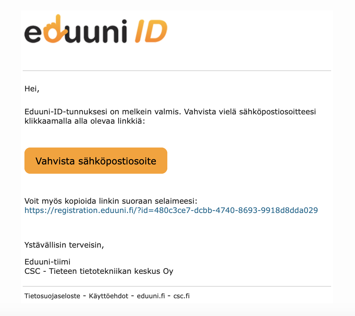 Kuva Eduuni-ID-tunnuksen sähköpostiin lähetetystä vahvistusviestistä.
