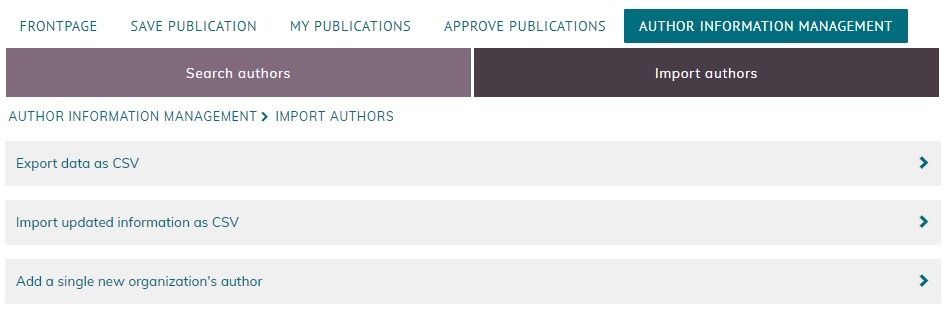 Screenshot oh the different options in the Import authors tab.