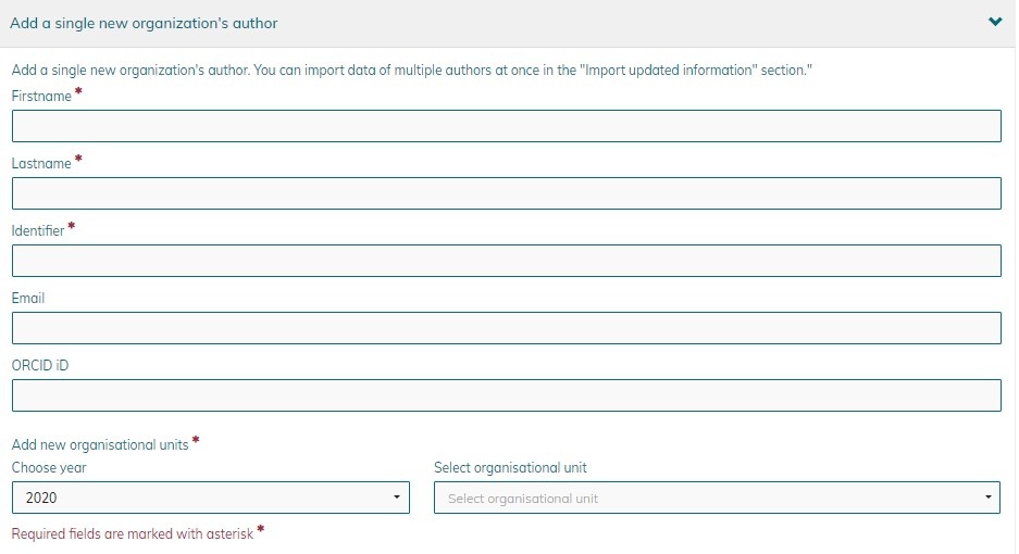 Screenshot of the Add a single new organization's author -form.