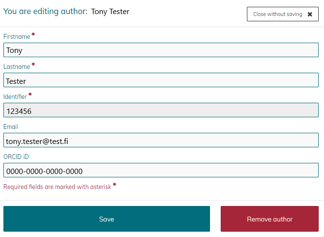 Screenshot of the form where the user can edit or delete authors.