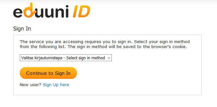 The view of the Eduuni-ID login window shows the fields of 'Select sign in method' and 'Continue to sign in'. 