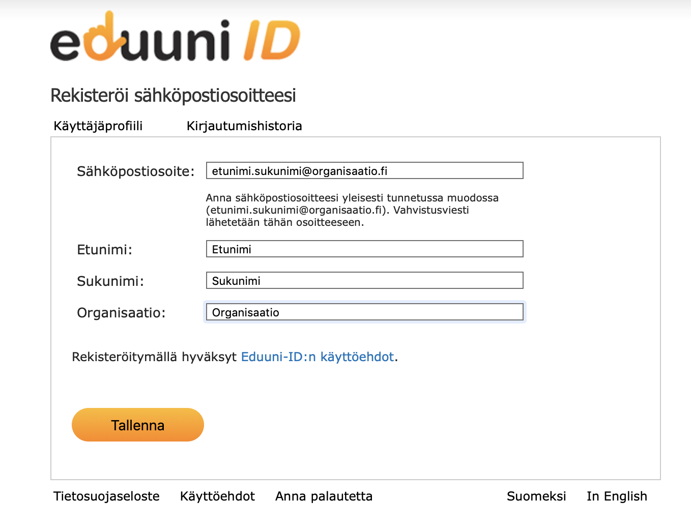 Esimerkkikuva täytetystä Eduuni-ID rekisteröintilomakkeesta