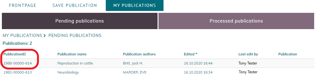 The picture displays the PublicationID part in the 'Pending publications' section.